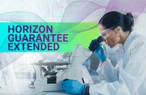 Horizon Europe flyer: scientist looking into microscope logo